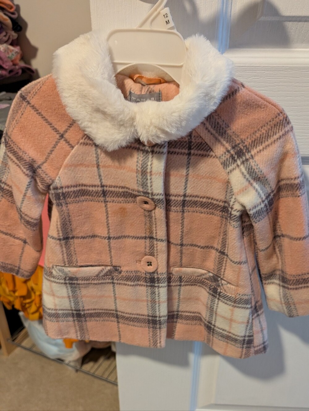 12M Tahari Girls' Pink Plaid Coat with Faux Fur Collar
